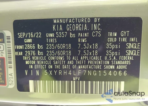 2022 Kia Sorento Ex z USA, uszkodzony, nr VIN 5XYRH4LF7NG154066